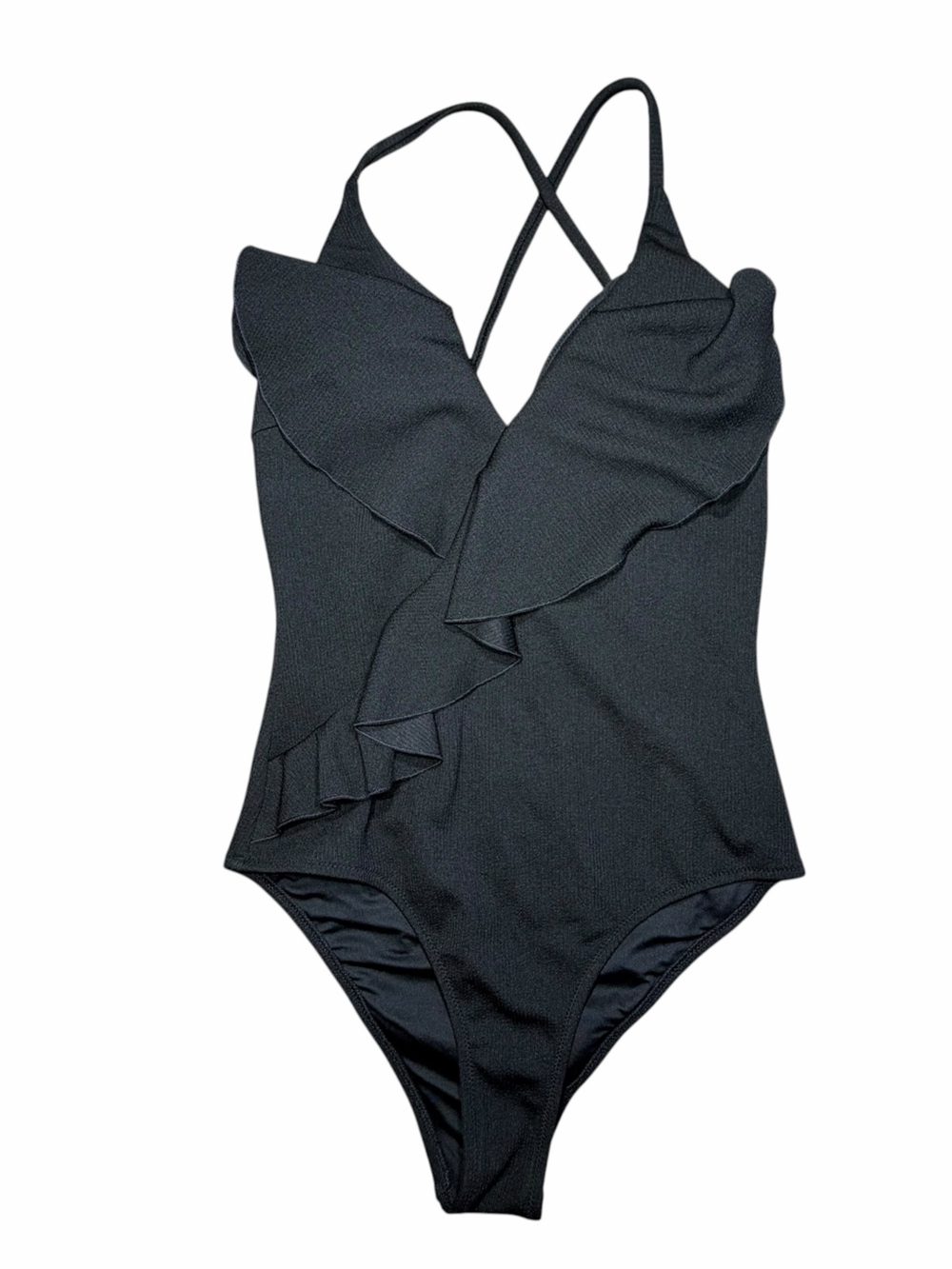 NWT CUPSHE Black Ruffle V Neck One Piece Swimsuit Medium Double Strap Suit